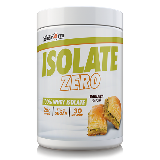 PER4M Baklava Whey Isolate Protein Powder 900g tub featuring a gold and white label design inspired by the flavour of traditional baklava.