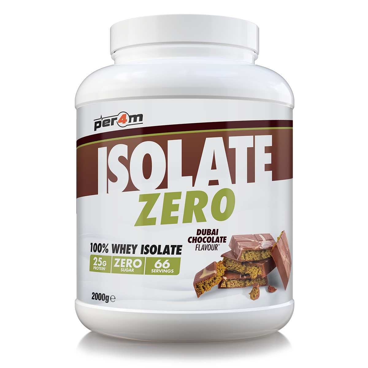 PER4M Dubai Chocolate Whey Isolate Protein Powder 2kg tub featuring elegant brown and gold design, highlighting the indulgent Dubai Chocolate flavour.