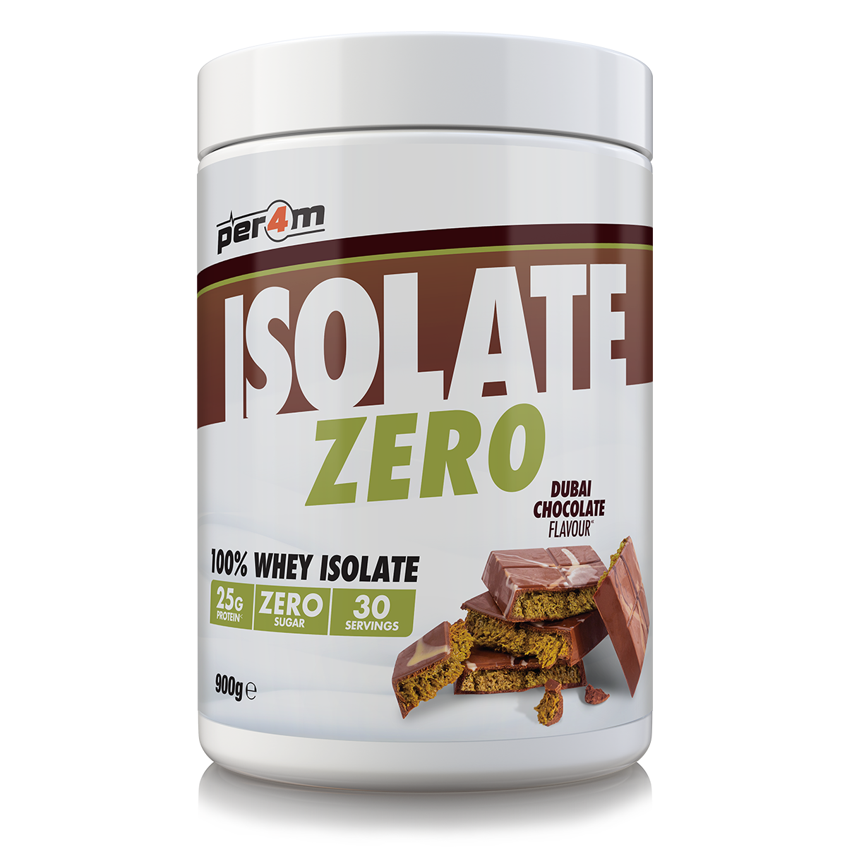 PER4M Dubai Chocolate Whey Isolate Protein Powder 900g tub with rich brown and gold packaging inspired by premium chocolate and luxury branding.