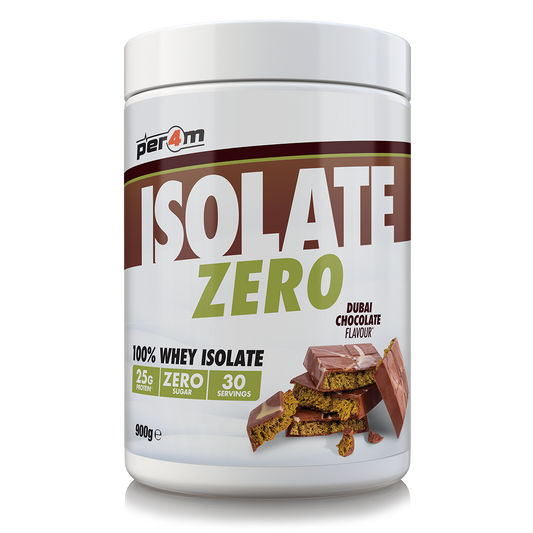 PER4M Dubai Chocolate Whey Isolate Protein Powder 900g tub with rich brown and gold packaging inspired by premium chocolate and luxury branding.