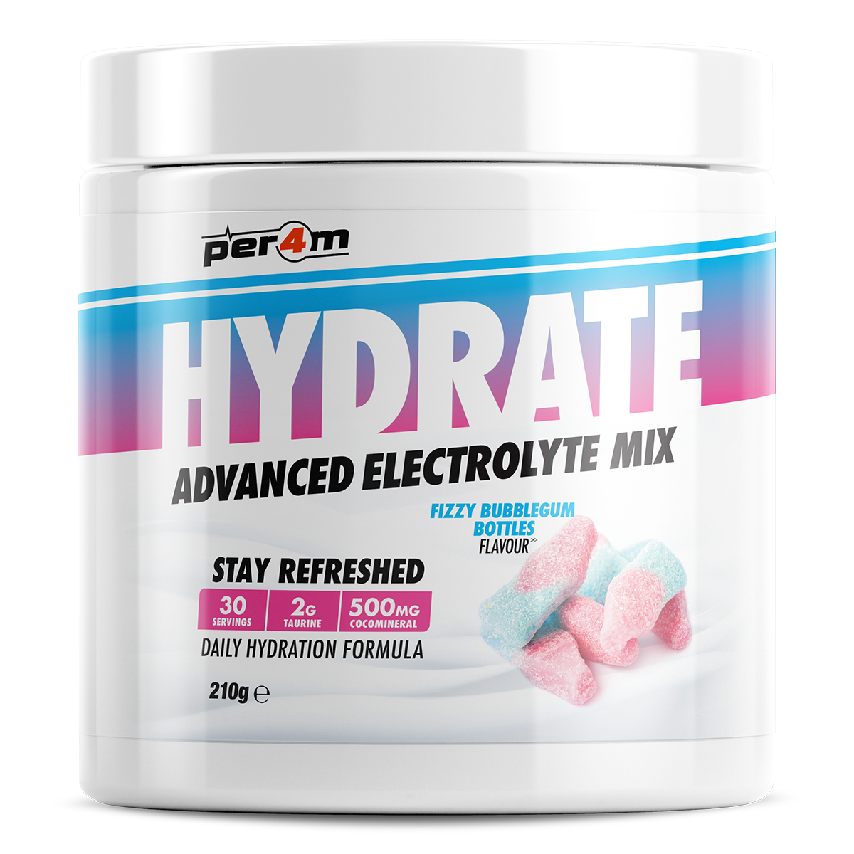 Tub of Fizzy Bubblegum Bottles Per4m Hydrate Advanced Electrolyte Mix