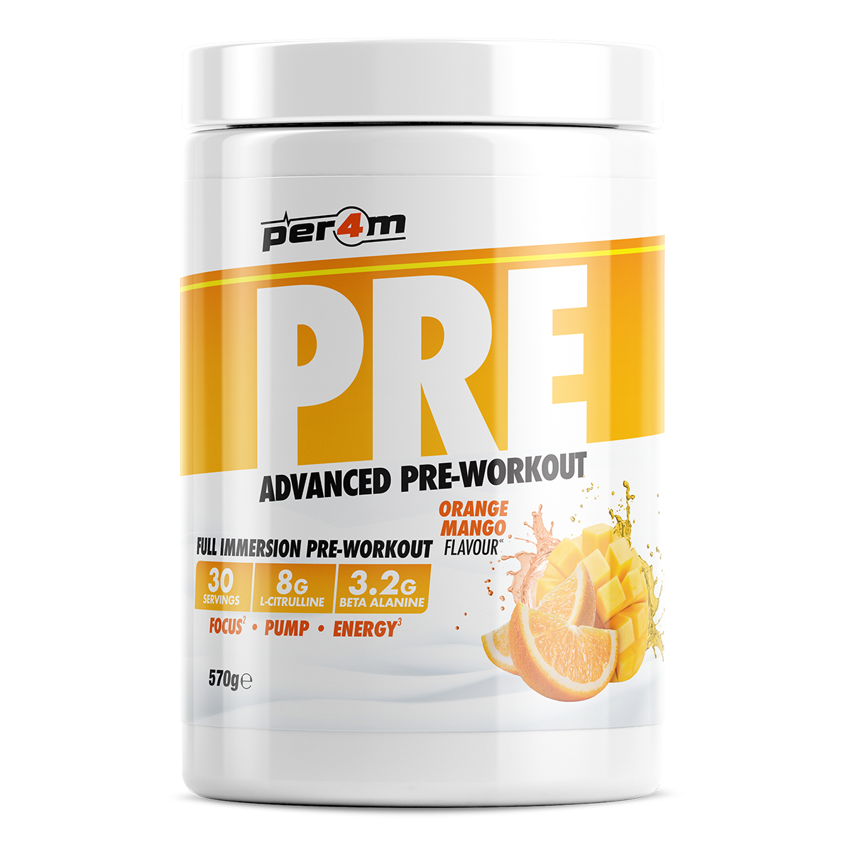 Tub of Orange Mango Per4m Pre Workout