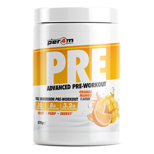 Tub of Orange Mango Per4m Pre Workout