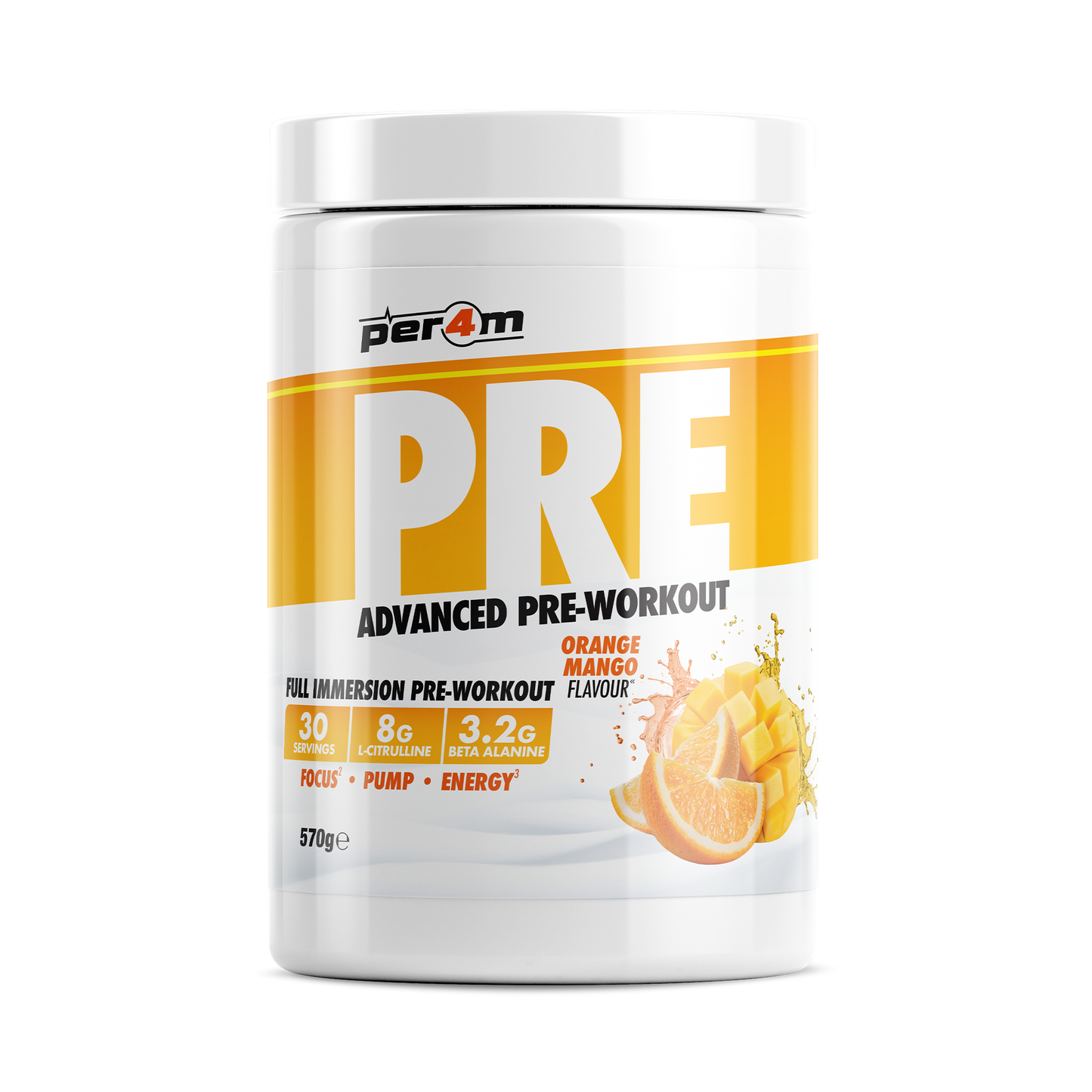 Tub of Orange Mango Per4m Pre Workout