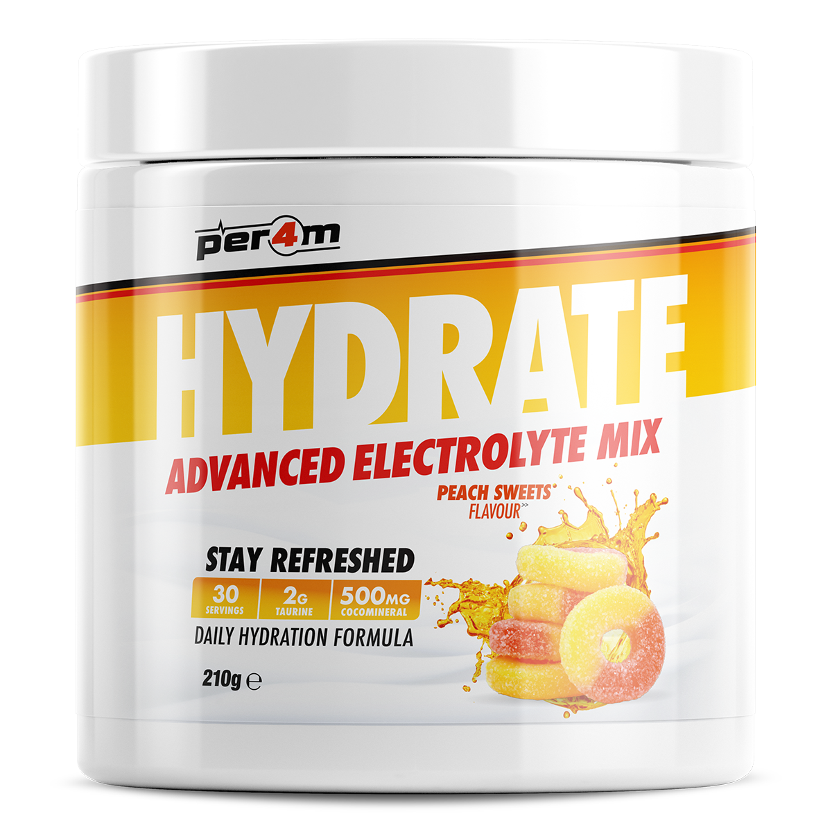 Tub of Peach Sweets Per4m Hydrate Advanced Electrolyte Mix