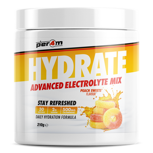 Tub of Peach Sweets Per4m Hydrate Advanced Electrolyte Mix