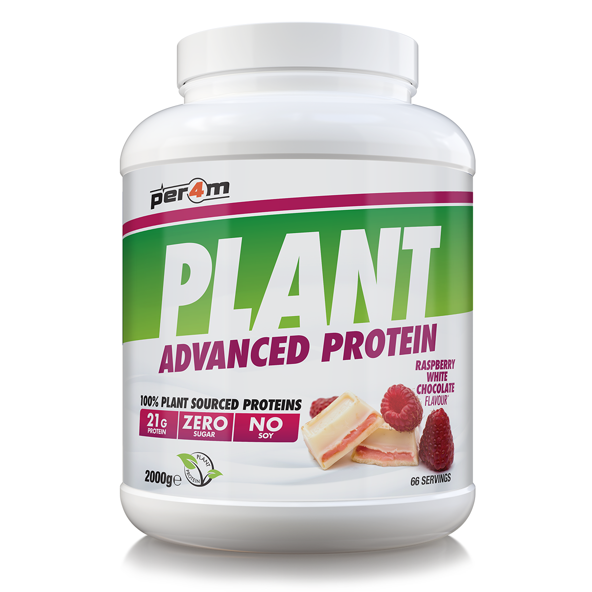 2kg tub of Raspberry White Chocolate Per4m Plant Advanced Protein