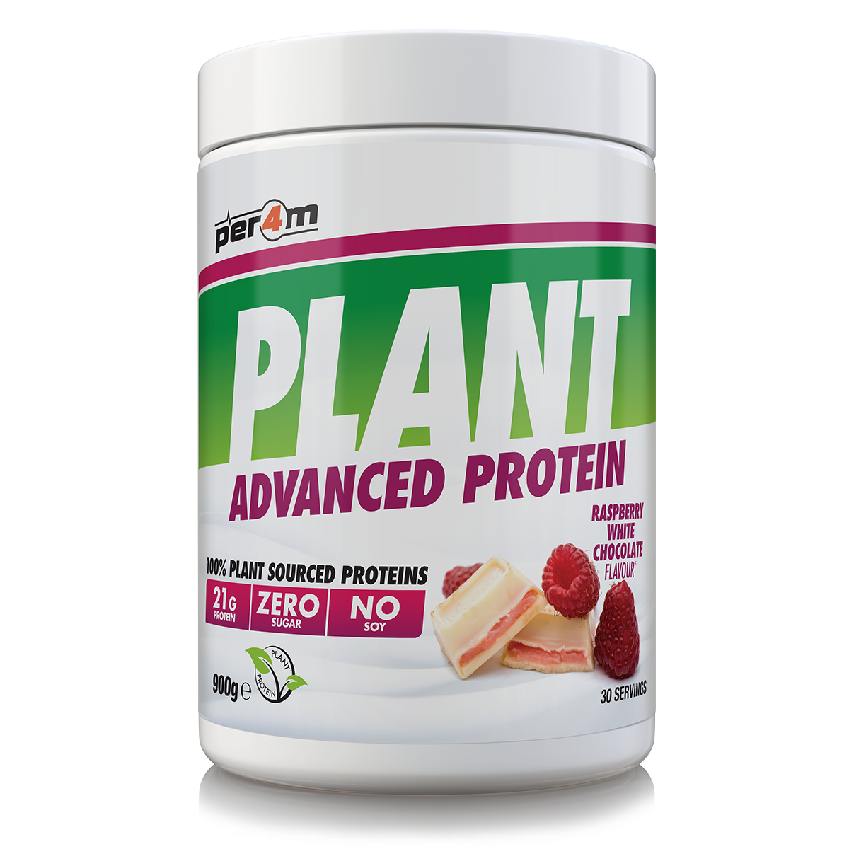900g tub of Raspberry White Chocolate Per4m Plant Advanced Protein