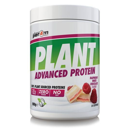 900g tub of Raspberry White Chocolate Per4m Plant Advanced Protein