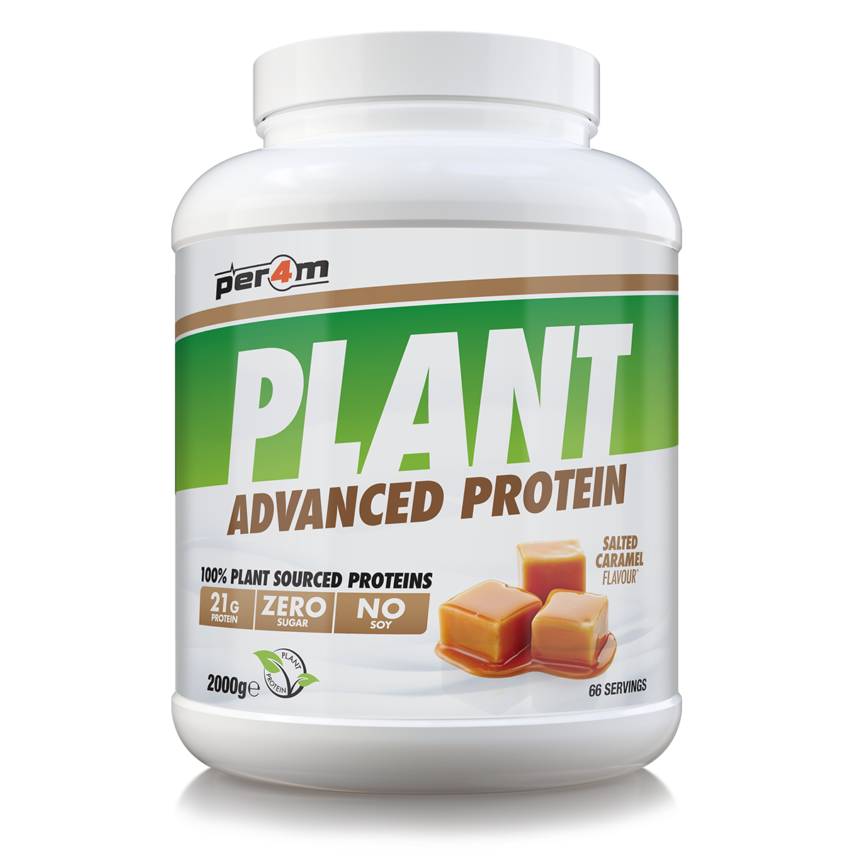 2kg tub of Salted Caramel Per4m Plant Advanced Protein