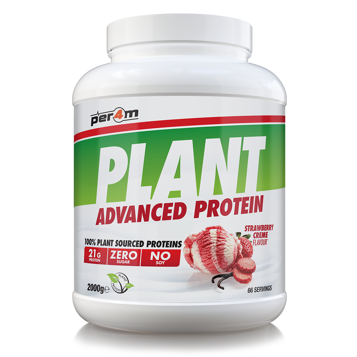 2kg tub of Strawberry Creme Per4m Plant Advanced Protein