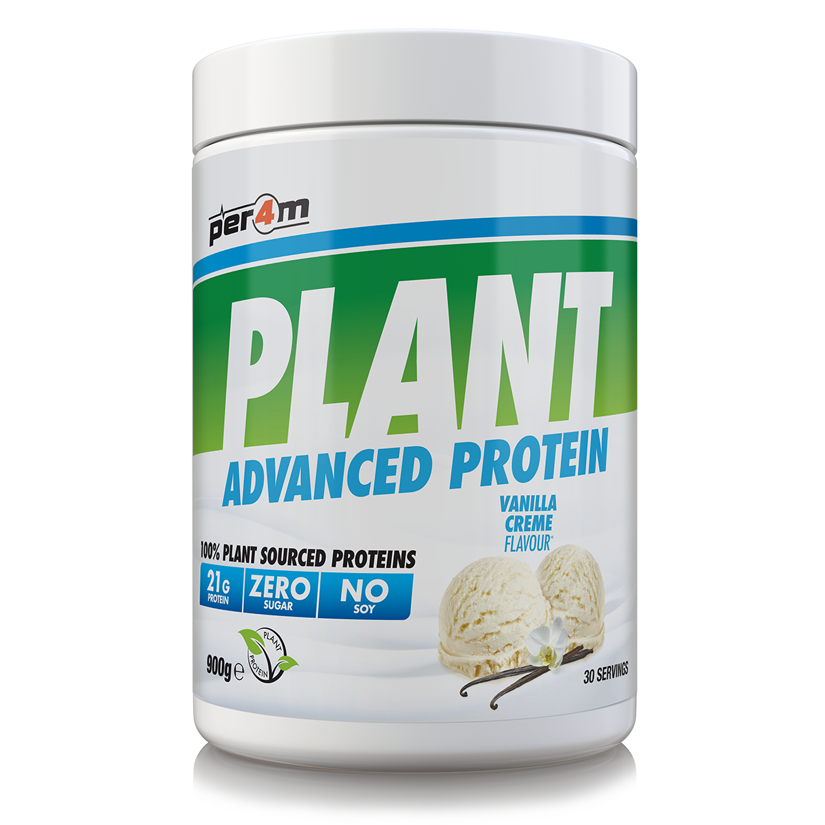 900g tub of Vanilla Creme Per4m Plant Advanced Protein