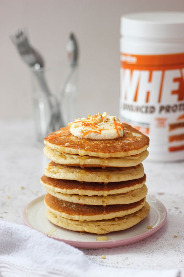 Carrot Cake Protein Pancakes with a Cream Cheese Protein Frosting