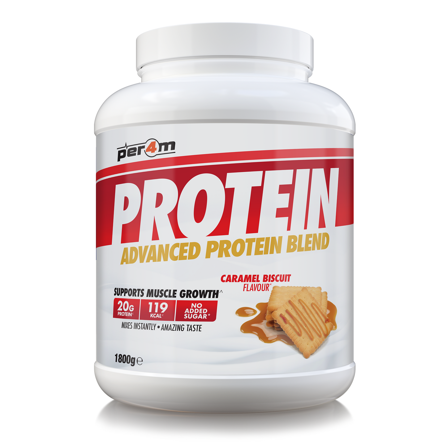 A white plastic tub of Per4m Protein Advanced Protein Blend in Caramel Biscuit Flavour, featuring a white, red, and yellow label with an illustration of a caramel-topped biscuit.