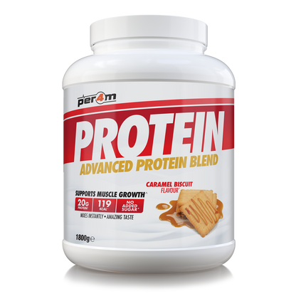 A white plastic tub of Per4m Protein Advanced Protein Blend in Caramel Biscuit Flavour, featuring a white, red, and yellow label with an illustration of a caramel-topped biscuit.