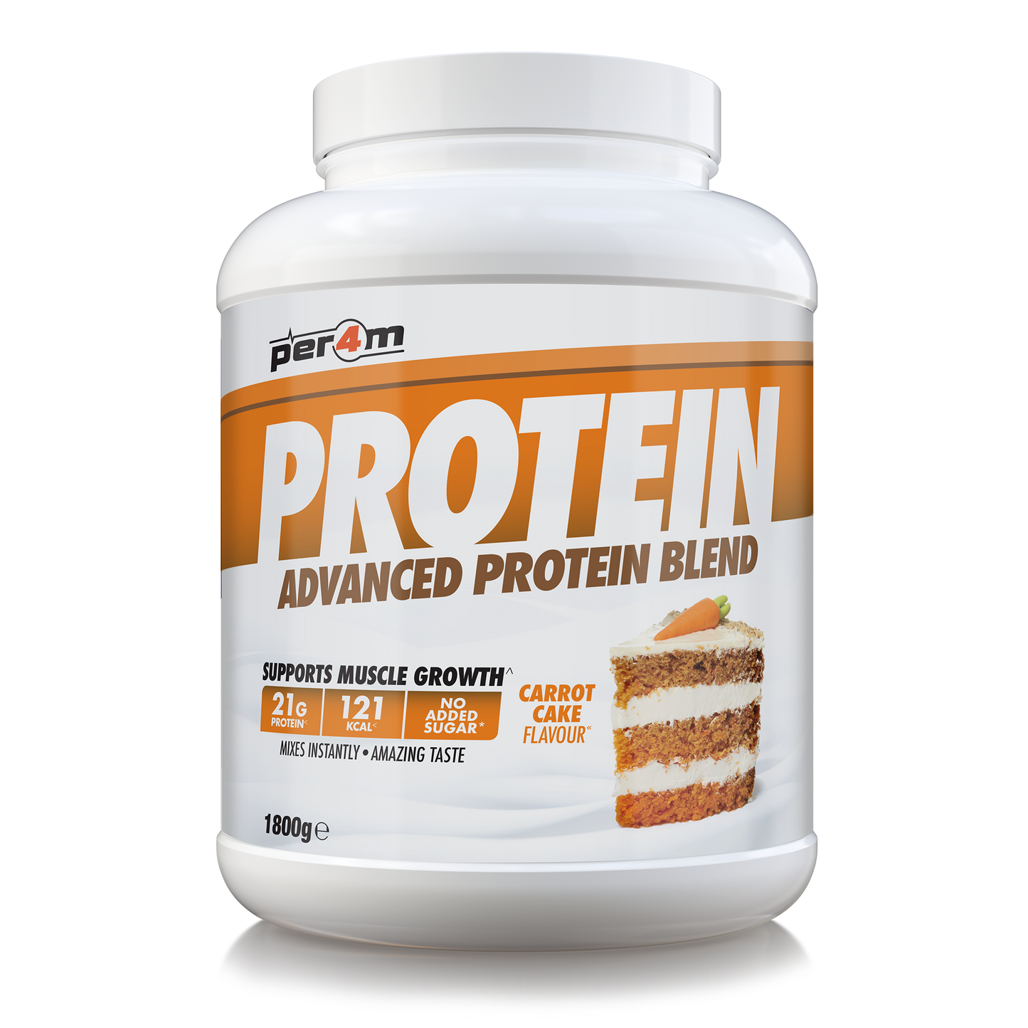 A white plastic tub of Per4m Protein Advanced Protein Blend in carrot cake flavor, featuring a white and orange label with a cake slice graphic.