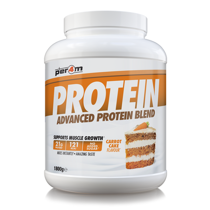 A white plastic tub of Per4m Protein Advanced Protein Blend in carrot cake flavor, featuring a white and orange label with a cake slice graphic.