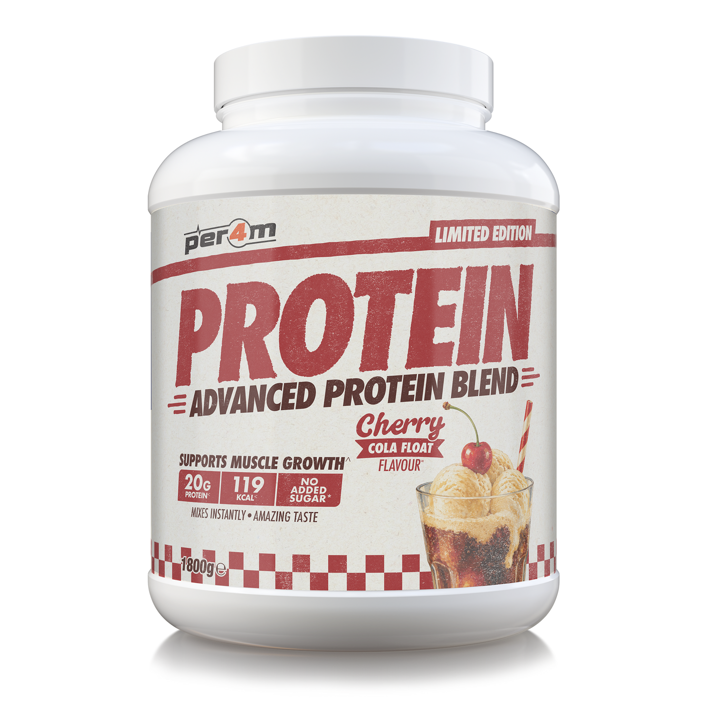 A white plastic tub of Per4m Protein Advanced Protein Blend in Cherry Cola Float flavor, shown on a clean white background.