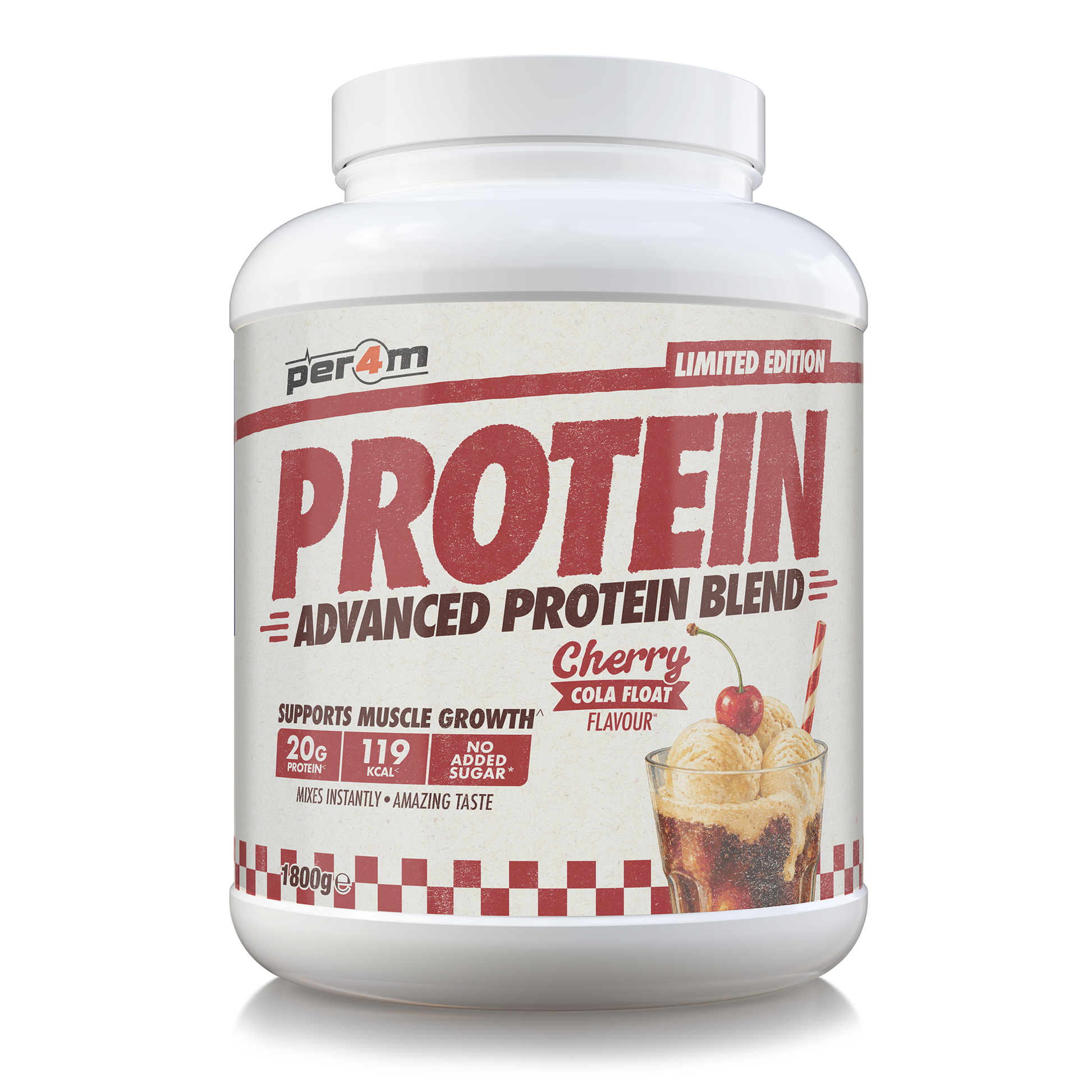 A white plastic tub of Per4m Protein Advanced Protein Blend in Cherry Cola Float flavor, shown on a clean white background.