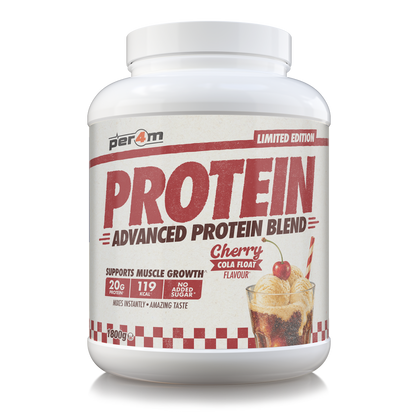 A white plastic tub of Per4m Protein Advanced Protein Blend in Cherry Cola Float flavor, shown on a clean white background.