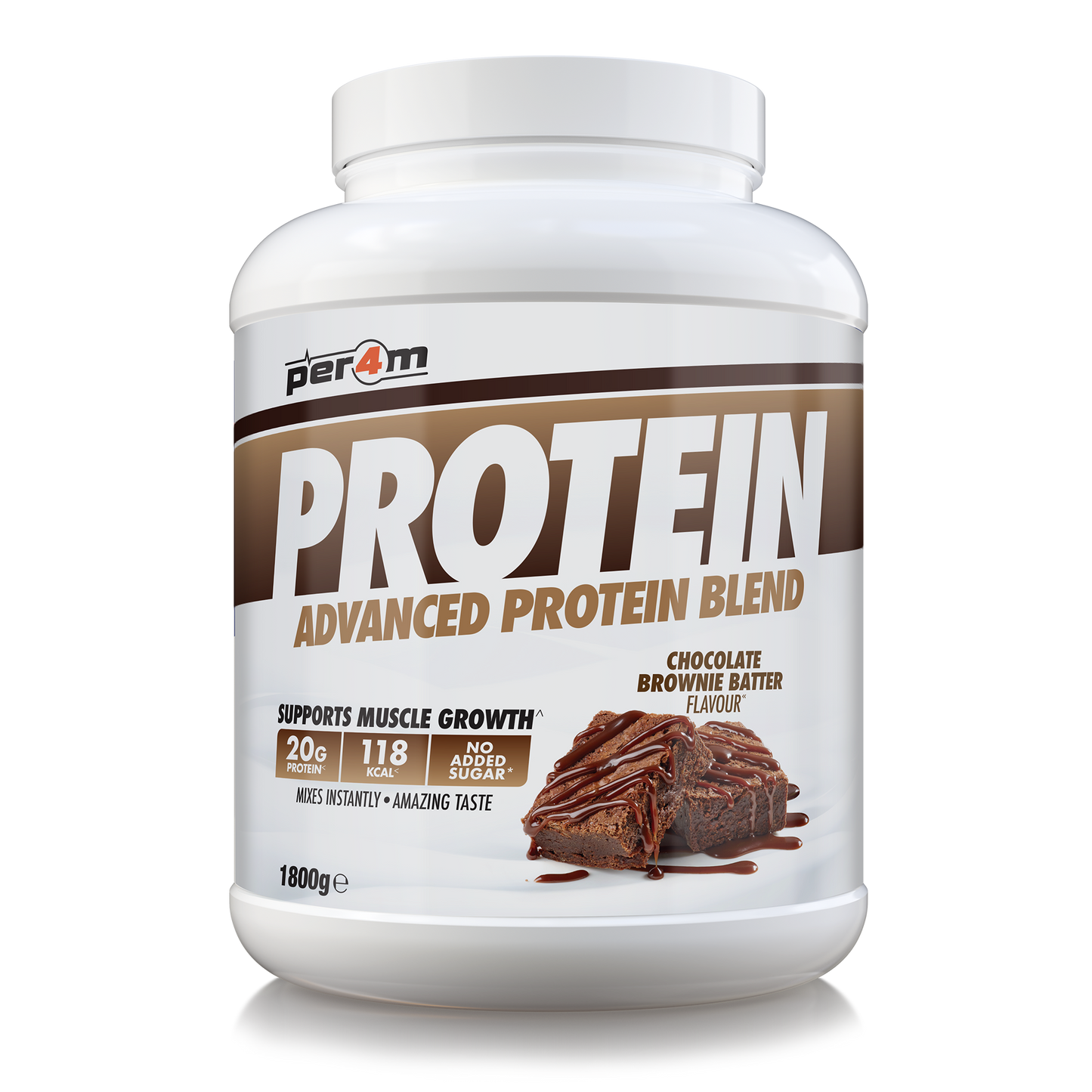 A white plastic tub of Per4m Protein Advanced Protein Blend in Chocolate Brownie Batter flavor, shown on a clean white background.