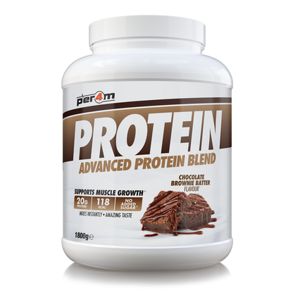 A white plastic tub of Per4m Protein Advanced Protein Blend in Chocolate Brownie Batter flavor, shown on a clean white background.