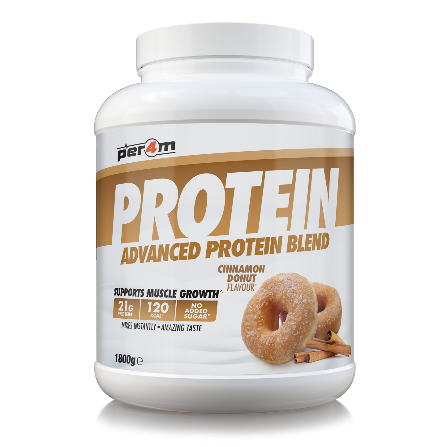 A 1800g white plastic tub of Per4m Protein Advanced Protein Blend in Cinnamon Donut Flavour, featuring a white and brown label with donut graphics, on a white background.
