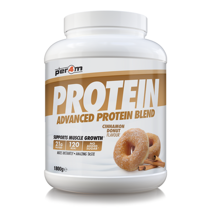 A 1800g white plastic tub of Per4m Protein Advanced Protein Blend in Cinnamon Donut Flavour, featuring a white and brown label with donut graphics, on a white background.