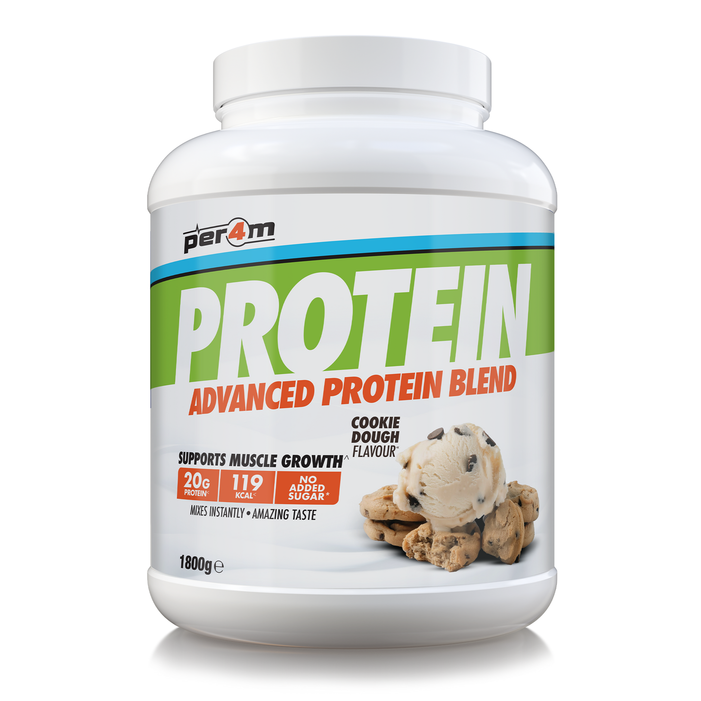 A white plastic tub of Per4m Protein Advanced Protein Blend in Cookie Dough Flavour, featuring a green and orange label with an ice cream cookie graphic, on a white background.