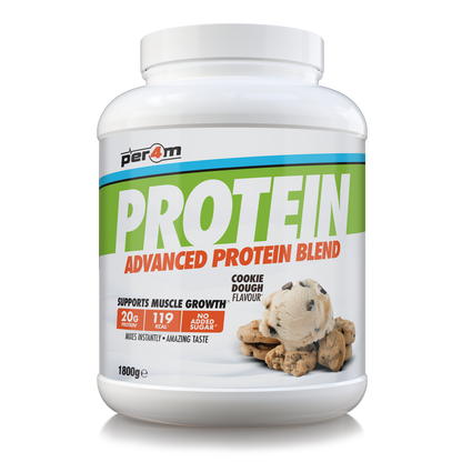 A white plastic tub of Per4m Protein Advanced Protein Blend in Cookie Dough Flavour, featuring a green and orange label with an ice cream cookie graphic, on a white background.