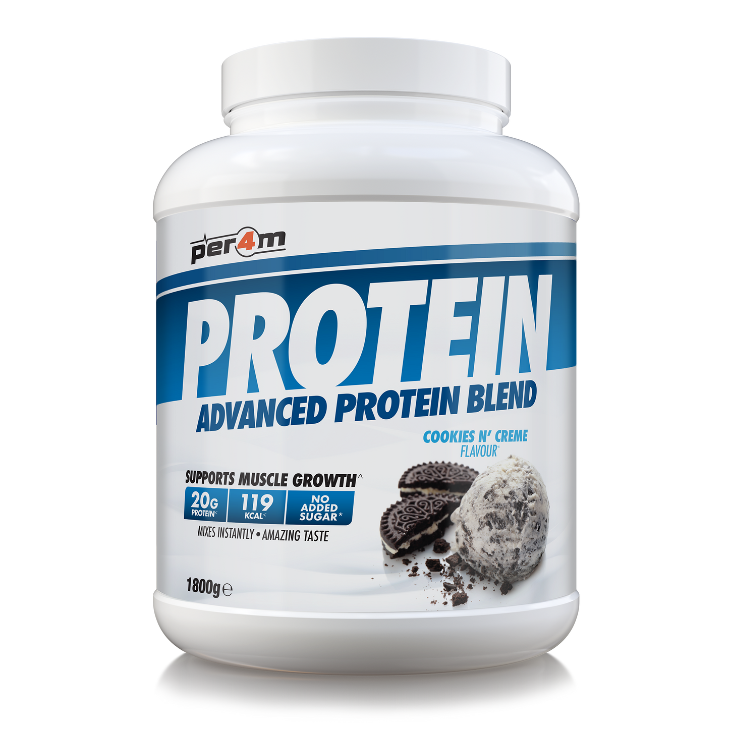 A white plastic tub of Per4m Protein Advanced Protein Blend in Cookies N' Creme flavor, featuring a blue and white label with cookie graphics, set against a plain white background.