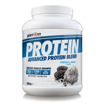 A white plastic tub of Per4m Protein Advanced Protein Blend in Cookies N' Creme flavor, featuring a blue and white label with cookie graphics, set against a plain white background.