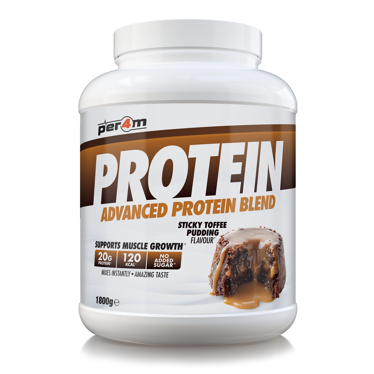 A white plastic tub of Per4m Protein Advanced Protein Blend in Sticky Toffee Pudding flavor, featuring a brown and white label with a chocolate-toffee-pudding graphic.