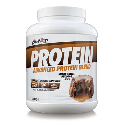 A white plastic tub of Per4m Protein Advanced Protein Blend in Sticky Toffee Pudding flavor, featuring a brown and white label with a chocolate-toffee-pudding graphic.