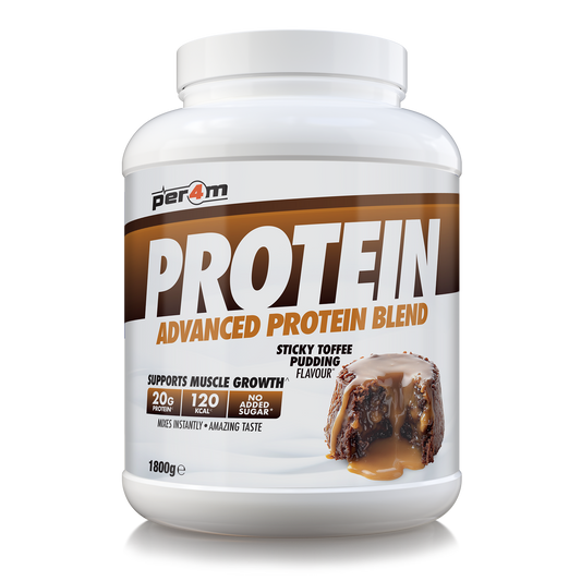 A white plastic tub of Per4m Protein Advanced Protein Blend in Sticky Toffee Pudding flavor, featuring a brown and white label with a chocolate-toffee-pudding graphic.