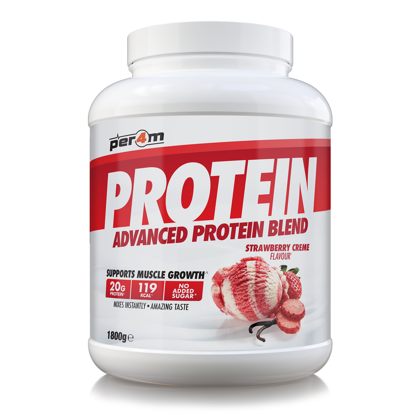 A white plastic tub of Per4m Protein Advanced Protein Blend in Strawberry Creme flavor, featuring a white and red label with illustrations of strawberries.