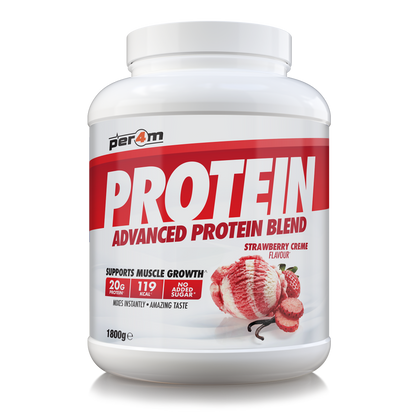 A white plastic tub of Per4m Protein Advanced Protein Blend in Strawberry Creme flavor, featuring a white and red label with illustrations of strawberries.