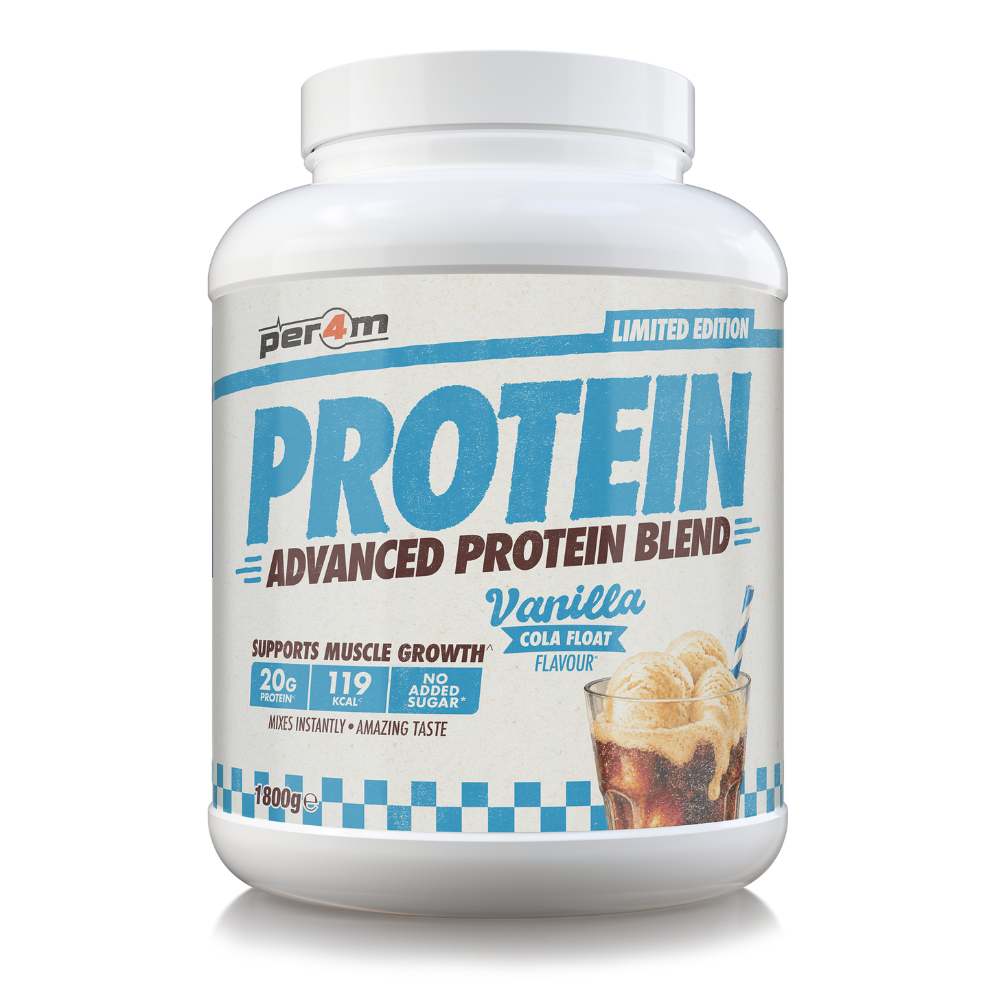 A white plastic tub of Per4m Protein Advanced Protein Blend in Vanilla Cola Float flavor, featuring a white label with blue and brown text and graphics.