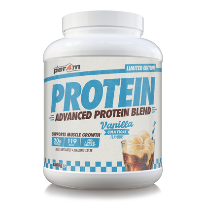 A white plastic tub of Per4m Protein Advanced Protein Blend in Vanilla Cola Float flavor, featuring a white label with blue and brown text and graphics.