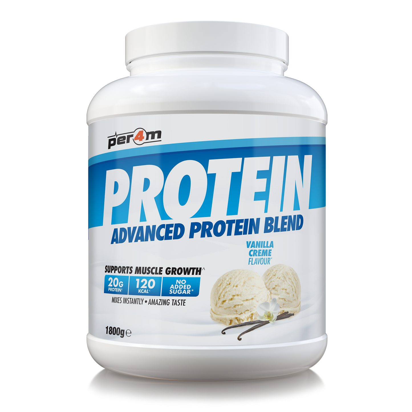 A white plastic tub of Per4m Protein Advanced Protein Blend in Vanilla Cream flavor, featuring a blue and white label with vanilla ice cream scoop graphics, set against a plain white background.