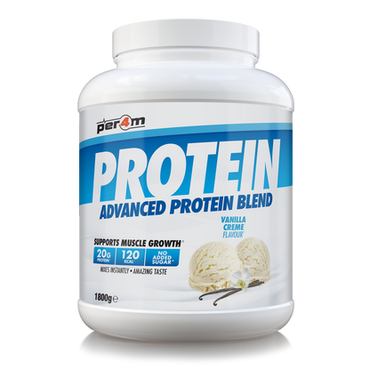 A white plastic tub of Per4m Protein Advanced Protein Blend in Vanilla Cream flavor, featuring a blue and white label with vanilla ice cream scoop graphics, set against a plain white background.