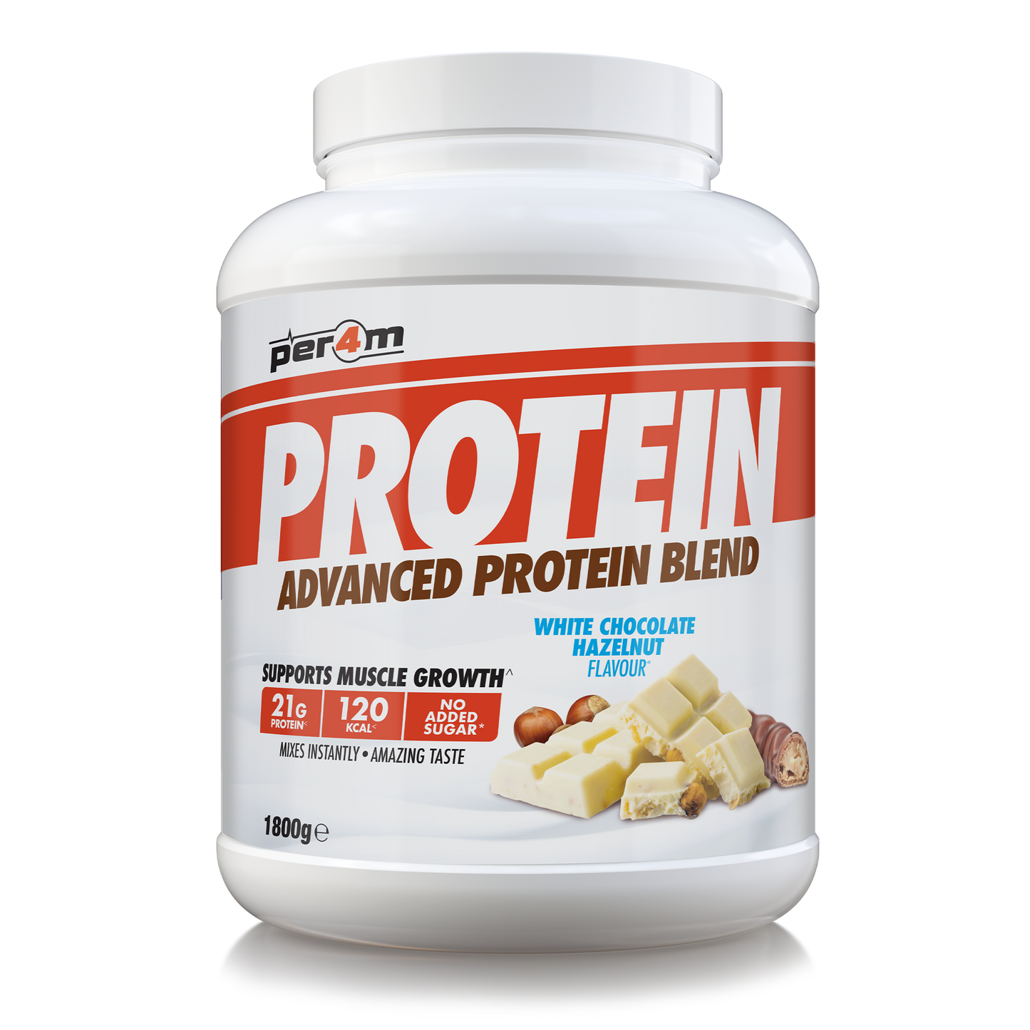 A white plastic tub of Per4m Protein Advanced Protein Blend in White Chocolate Hazelnut flavor, featuring a red and white label with product details and flavor imagery.