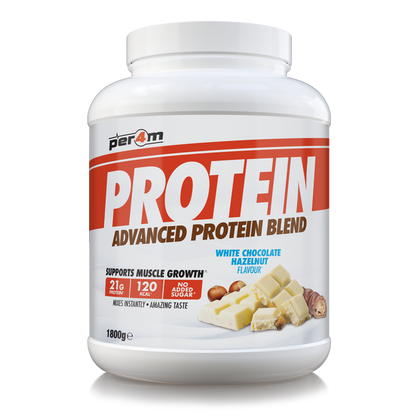 A white plastic tub of Per4m Protein Advanced Protein Blend in White Chocolate Hazelnut flavor, featuring a red and white label with product details and flavor imagery.