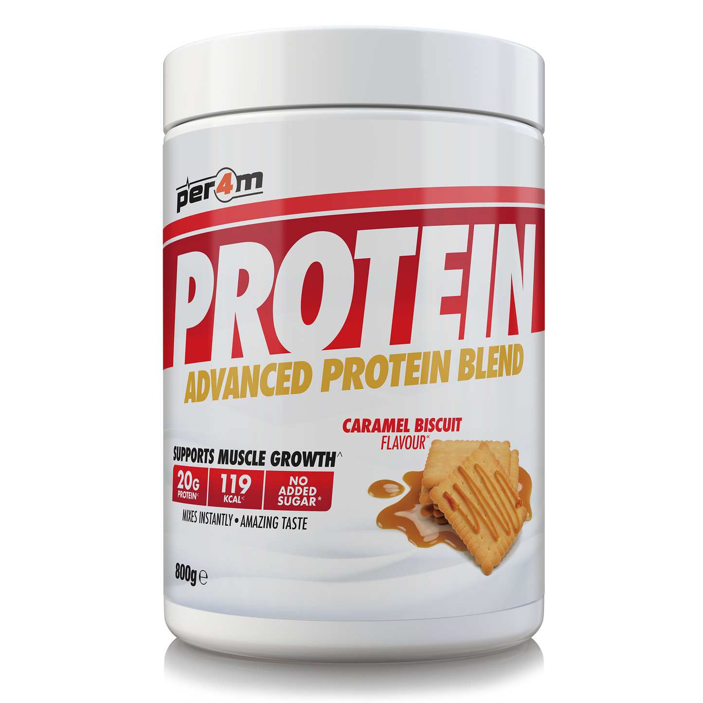 A white plastic tub of Per4m Protein Advanced Protein Blend in Caramel Biscuit Flavour, featuring a white label with bold red and yellow text and an illustration of a caramel-topped biscuit.