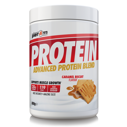 A white plastic tub of Per4m Protein Advanced Protein Blend in Caramel Biscuit Flavour, featuring a white label with bold red and yellow text and an illustration of a caramel-topped biscuit.