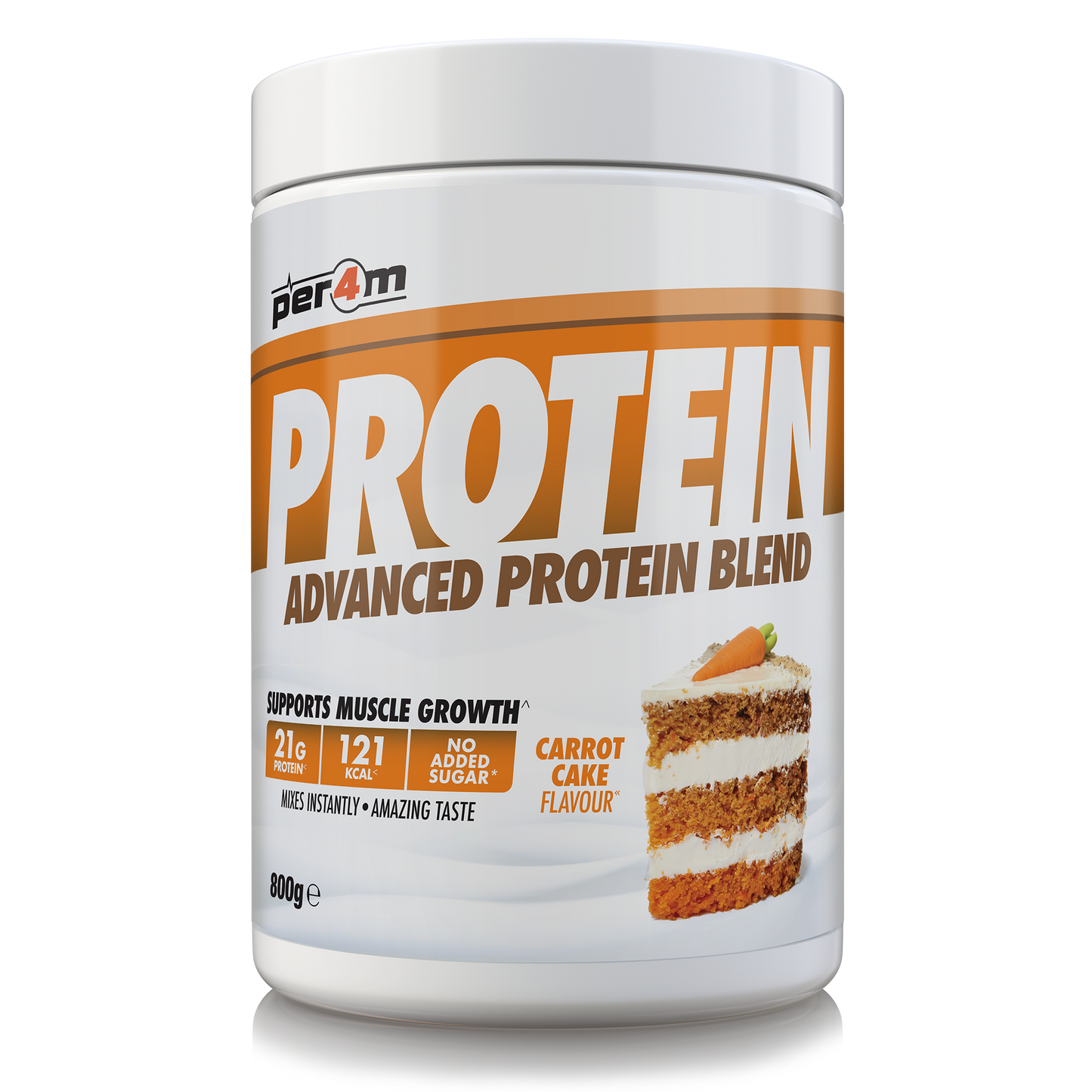A white plastic tub of Per4m Protein Advanced Protein Blend in carrot cake flavour, featuring a white and orange label with a carrot cake graphic.