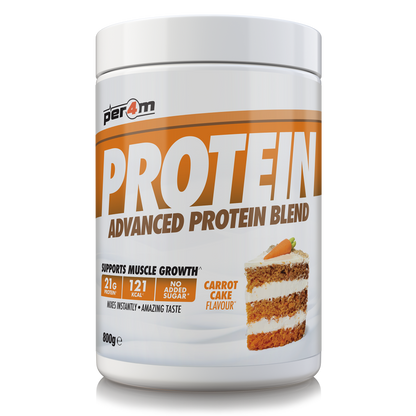 A white plastic tub of Per4m Protein Advanced Protein Blend in carrot cake flavour, featuring a white and orange label with a carrot cake graphic.