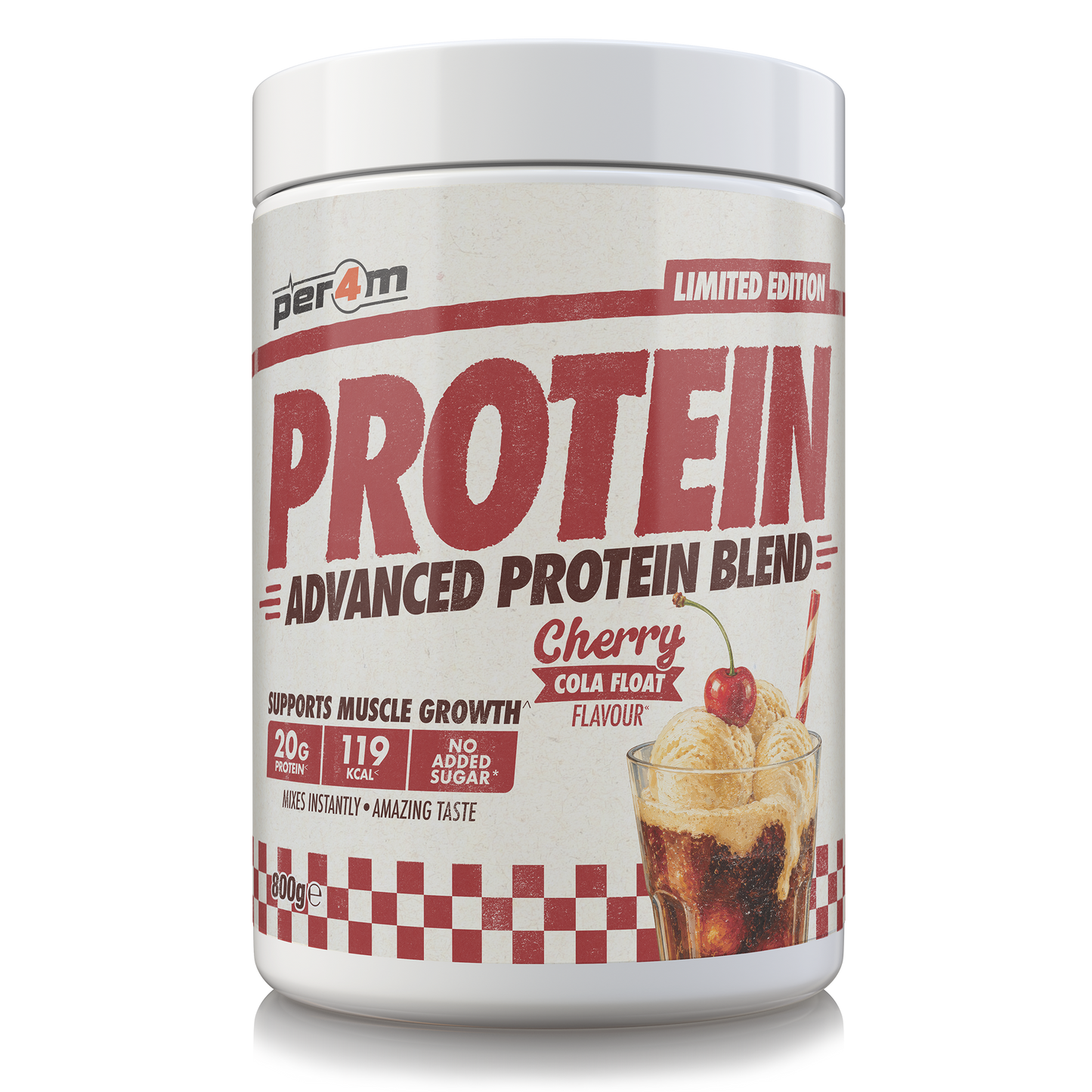 A white tub of Per4m Protein Advanced Protein Blend in Cherry Cola Float flavor, featuring a red and white label with a graphic of an ice cream soda glass.