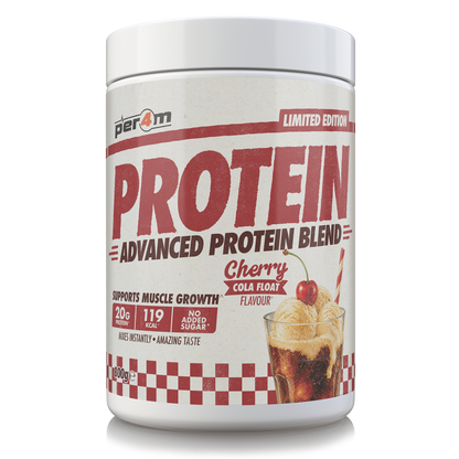 A white tub of Per4m Protein Advanced Protein Blend in Cherry Cola Float flavor, featuring a red and white label with a graphic of an ice cream soda glass.