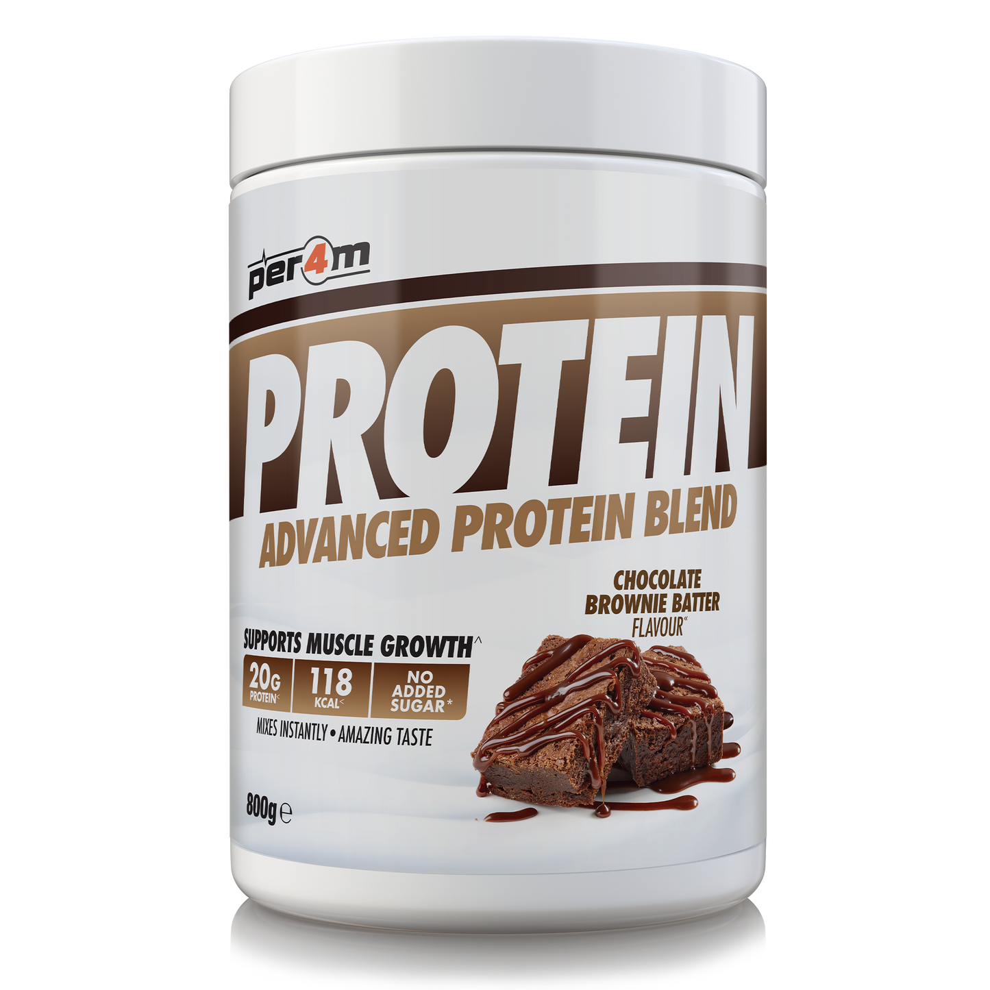 A white plastic tub of Per4m Protein Advanced Protein Blend in Chocolate Brownie Batter flavour, featuring a white and brown label with a brownie graphic.